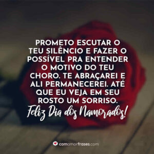 Prometo escutar o teu silêncio e fazer o possível pra entender o motivo do teu choro. Te abraçarei e ali permanecerei. Até que eu veja em seu rosto um sorriso. Feliz Dia dos Namorados!