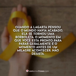 Quando a lagarta pensou que o mundo havia acabado, ela se tornou uma borboleta. O momento em que você está pronto para parar geralmente é o momento antes de um milagre acontecer. Não desista.