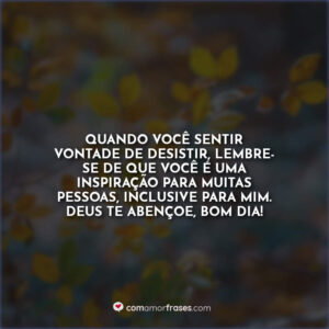Quando você sentir vontade de desistir, lembre-se de que você é uma inspiração para muitas pessoas, inclusive para mim. Deus te abençoe, bom dia!