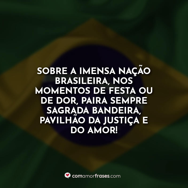 Frases do dia da bandeira: Sobre a imensa Nação Brasileira, nos momentos de festa ou de dor, paira sempre sagrada bandeira, pavilhão da justiça e do amor!