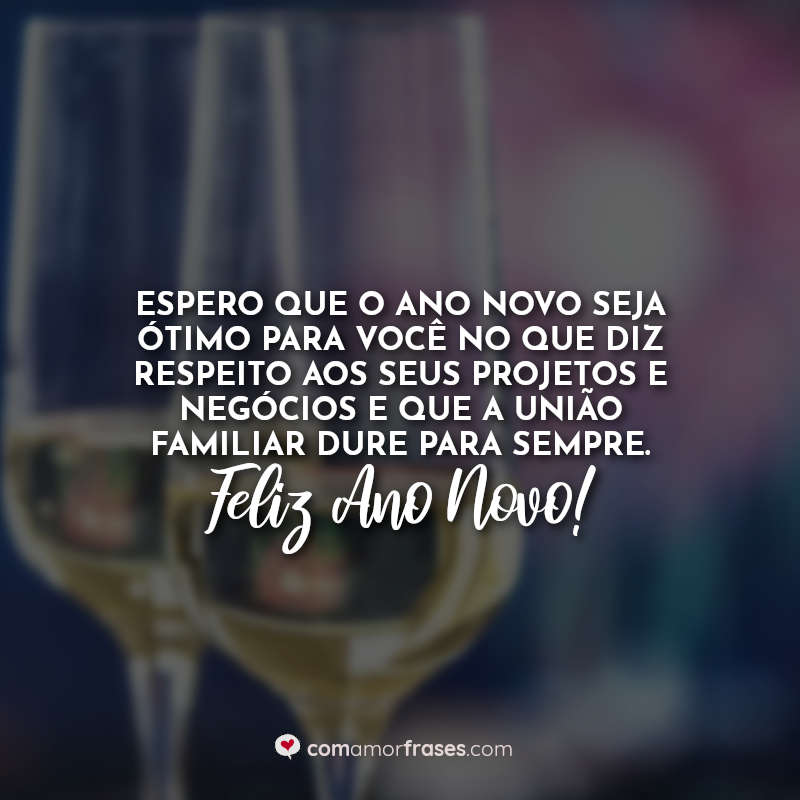 Frases: Espero que o Ano Novo seja ótimo para você no que diz respeito aos seus projetos e negócios e que a união familiar dure para sempre. Feliz Ano Novo!