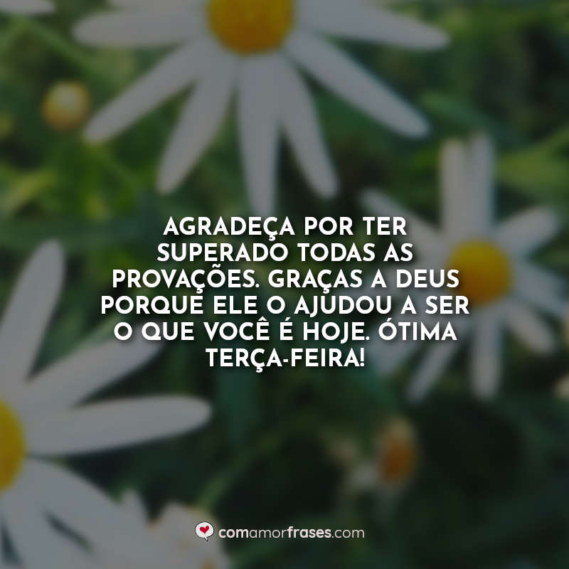 Agradeça por ter superado todas as provações. Graças a Deus porque Ele o ajudou a ser o que você é hoje. Ótima terça-feira! Frase.