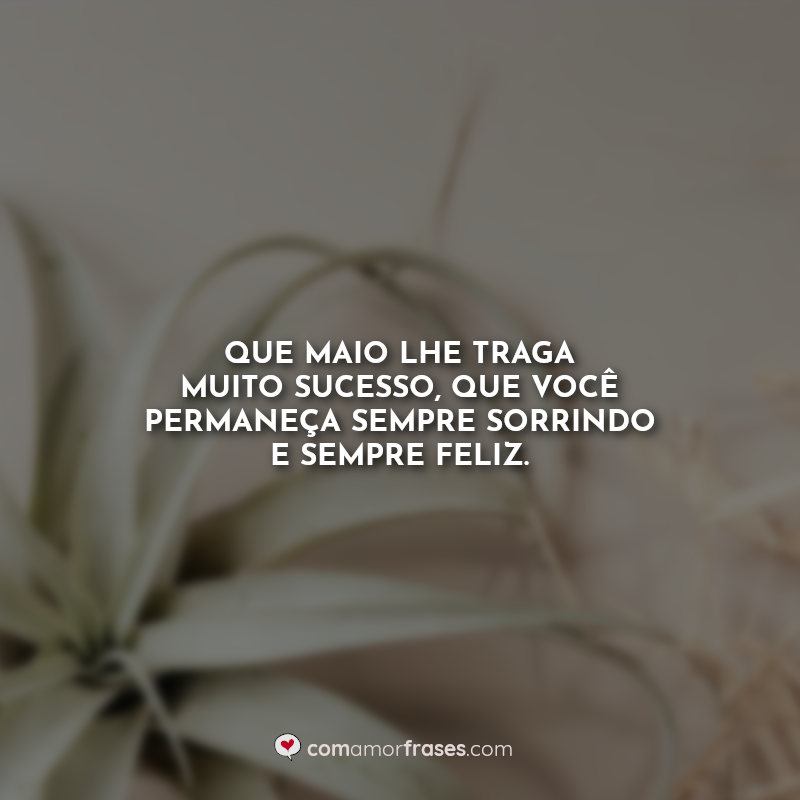 Que maio lhe traga muito sucesso, que você permaneça sempre sorrindo e sempre feliz. Frases.