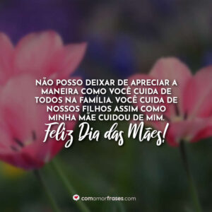 Não posso deixar de apreciar a maneira como você cuida de todos na família. Você cuida de nossos filhos assim como minha mãe cuidou de mim. Feliz Dia das Mães!