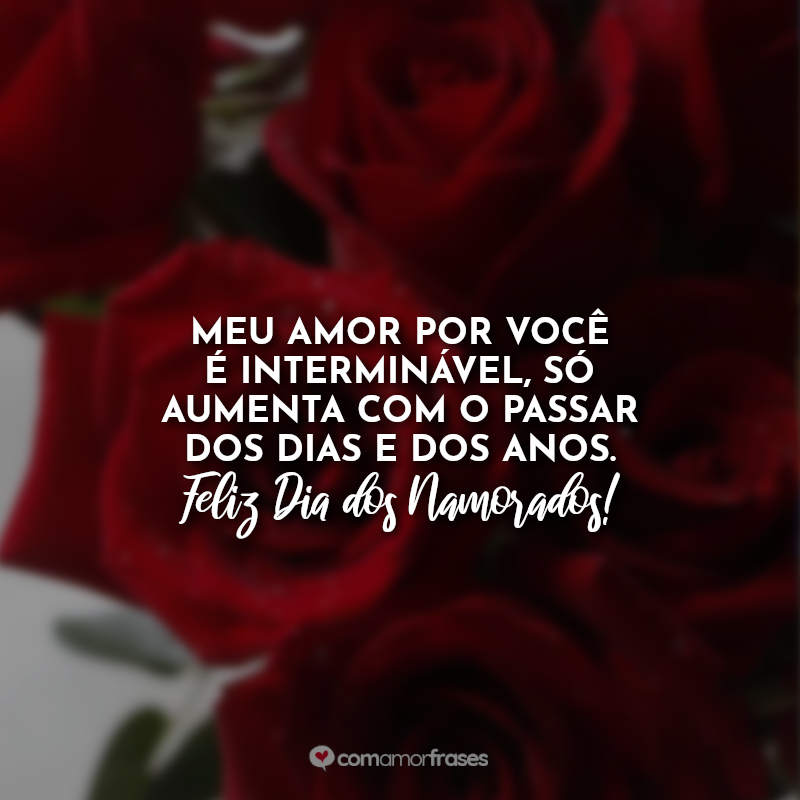 Meu amor por você é interminável, só aumenta com o passar dos dias e dos anos. Feliz Dia dos Namorados!