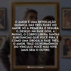 O amor é uma revolução química. Das três fases do amor, só a primeira é segura: o desejo. Na fase dois, a paixão, o corpo libera tantas substâncias que você pira. É como uma droga. A fase três, o amor, traz os hormônios do vínculo. Você não vive mais sem o outro.