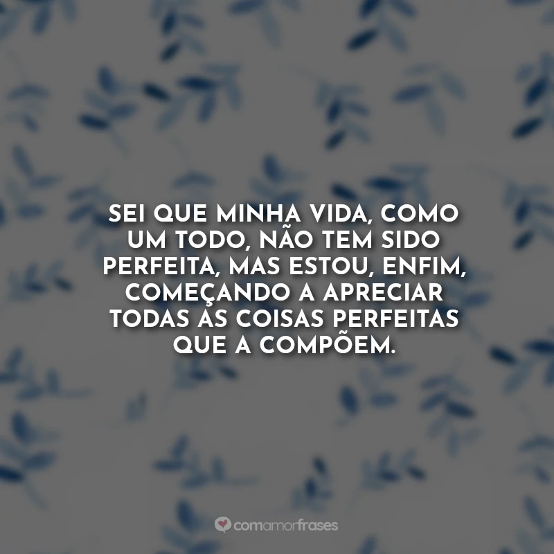 Frases do Livro Todas as Suas Imperfeições: Sei que minha vida, como um todo, não tem sido perfeita, mas estou, enﬁm, começando a apreciar todas as coisas perfeitas que a compõem.