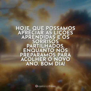Hoje, que possamos apreciar as lições aprendidas e os sorrisos partilhados, enquanto nos preparamos para acolher o novo ano. Bom dia!